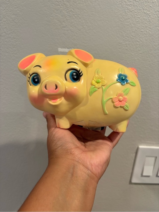 Sanitoy Other - Vintage 1977 Sanitoy Yellow Plastic Piggy Bank Hand Painted Bright Colors